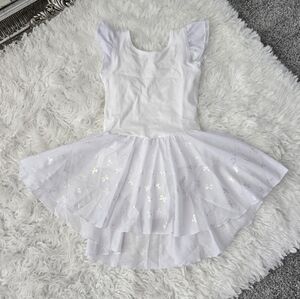 MdnMd Bow Print Girls Ruffle Sleeve Ballet Dance Dress Tutu Skirted Leotard. Whi